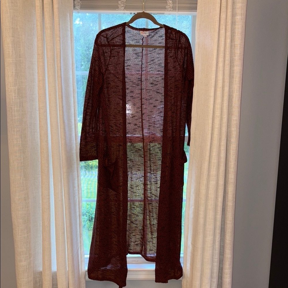 Long Sheer Burnt Orange& Black Lularoe Cardigan- M